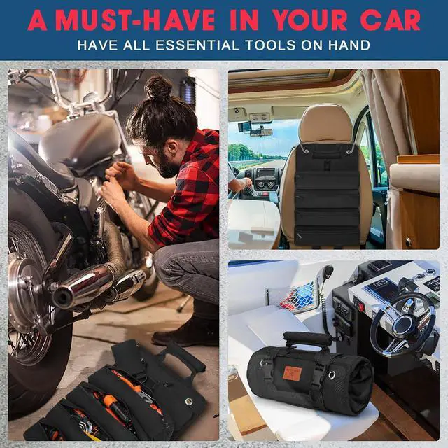 Alt view image 4 of 7 - BAQRAXIA Tool Bag, Roll Up Small Tools Box Storage, Heavy Duty Tool Organizer with 2 Detachable Tool Pouch, Tool Gifts for Men Dad Husband Boyfriend Grandpa, Presents for Fathers Day Birthday (Black)