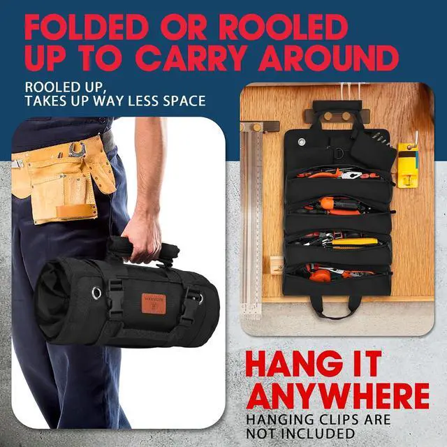 Alt view image 5 of 7 - BAQRAXIA Tool Bag, Roll Up Small Tools Box Storage, Heavy Duty Tool Organizer with 2 Detachable Tool Pouch, Tool Gifts for Men Dad Husband Boyfriend Grandpa, Presents for Fathers Day Birthday (Black)