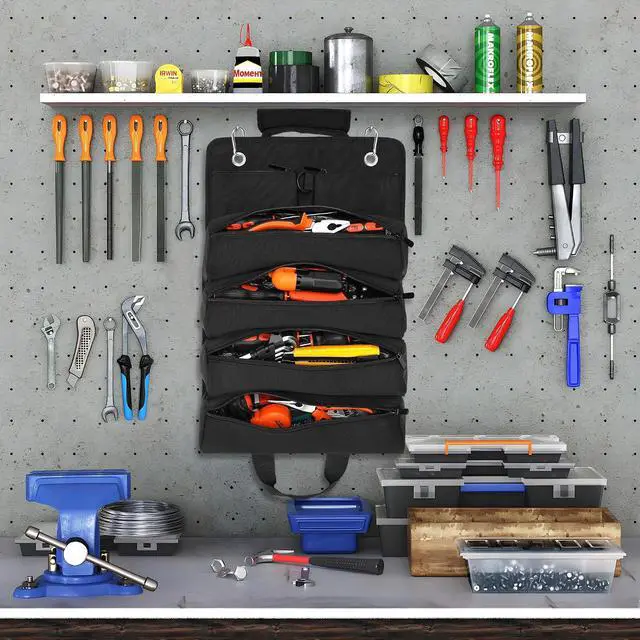 Alt view image 7 of 7 - BAQRAXIA Tool Bag, Roll Up Small Tools Box Storage, Heavy Duty Tool Organizer with 2 Detachable Tool Pouch, Tool Gifts for Men Dad Husband Boyfriend Grandpa, Presents for Fathers Day Birthday (Black)