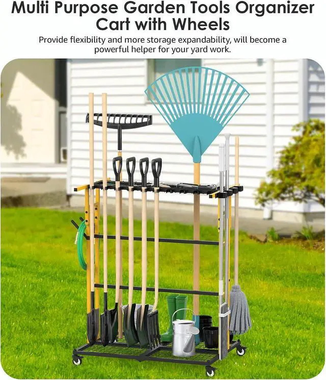 Alt view image 2 of 7 - CCCEI Garage Organization with Wheels, Outdoor Gargen Yard Shed Tools Organizer Cart, Home Storage for Cleaning Supplies Organizer, Broom Holder, for Shovel and Rake, Long Farming and Farming Tools.