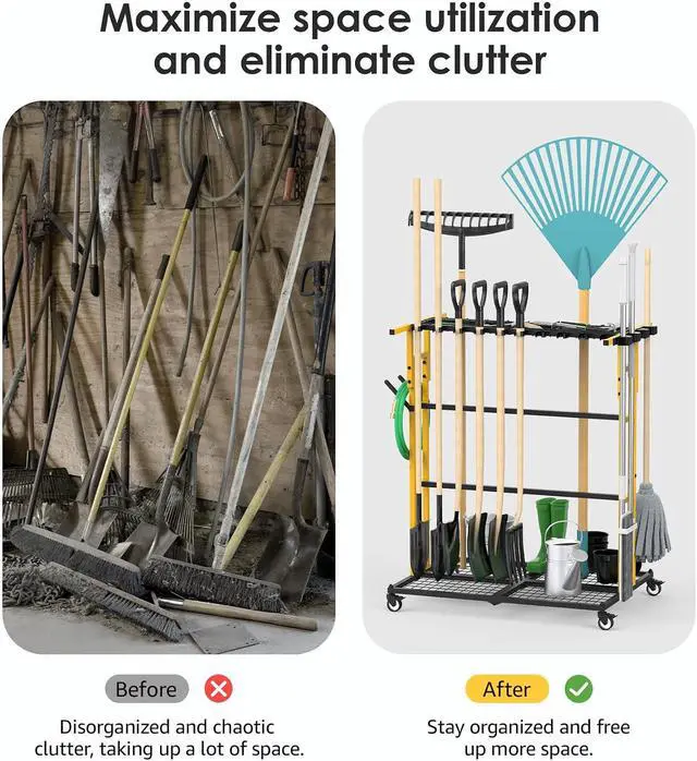 Alt view image 6 of 7 - CCCEI Garage Organization with Wheels, Outdoor Gargen Yard Shed Tools Organizer Cart, Home Storage for Cleaning Supplies Organizer, Broom Holder, for Shovel and Rake, Long Farming and Farming Tools.