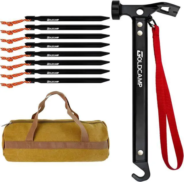 Main image of GOLDCAMP Tent Stakes with Hammer Kit, Heavy Duty Camping Stakes Set with Canvas Storage Bag, 8 Pack 7075 Aluminum Tent Pegs with Stake Remover Hook for Tents Tarps Canopies Hiking Camping