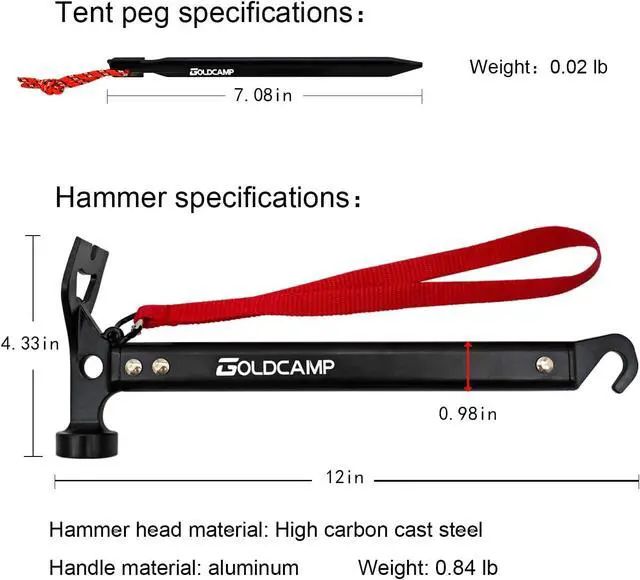 Alt view image 2 of 7 - GOLDCAMP Tent Stakes with Hammer Kit, Heavy Duty Camping Stakes Set with Canvas Storage Bag, 8 Pack 7075 Aluminum Tent Pegs with Stake Remover Hook for Tents Tarps Canopies Hiking Camping