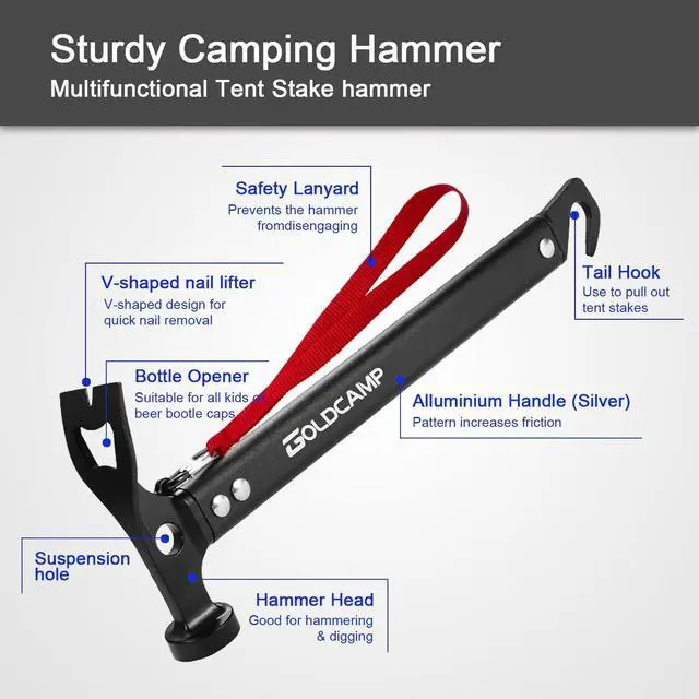 Alt view image 3 of 7 - GOLDCAMP Tent Stakes with Hammer Kit, Heavy Duty Camping Stakes Set with Canvas Storage Bag, 8 Pack 7075 Aluminum Tent Pegs with Stake Remover Hook for Tents Tarps Canopies Hiking Camping