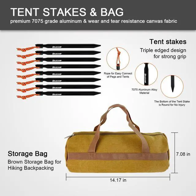 Alt view image 4 of 7 - GOLDCAMP Tent Stakes with Hammer Kit, Heavy Duty Camping Stakes Set with Canvas Storage Bag, 8 Pack 7075 Aluminum Tent Pegs with Stake Remover Hook for Tents Tarps Canopies Hiking Camping