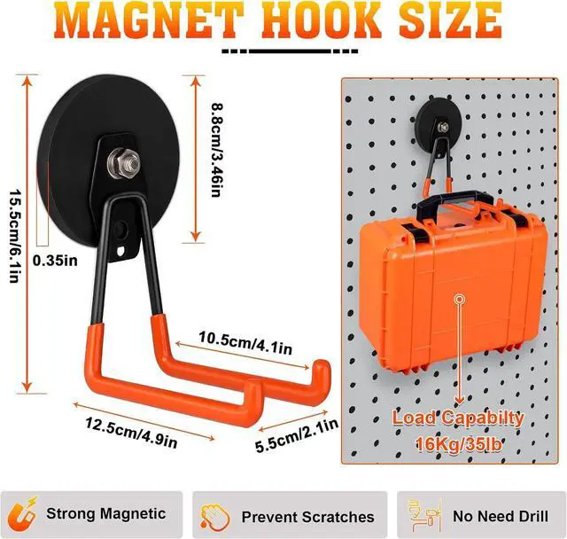 Alt view image 2 of 7 - Heavy Duty Magnetic Garage Hook,Large Magnetic Hooks ,2 Pack Magnet Hooks with Anti-Slip Coating,Strong Storage Utility Magnetic Hook for Metal Cabinet,Pegboard,Garage Shelve,Garden Tools(Orange,L)