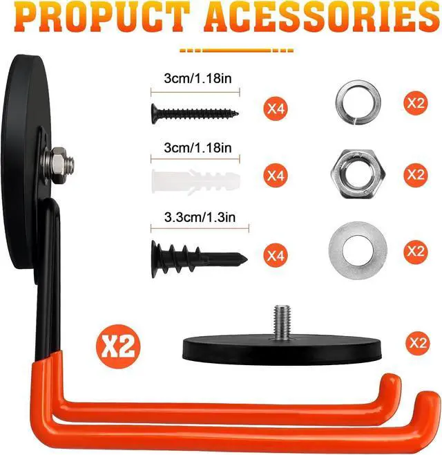 Alt view image 3 of 7 - Heavy Duty Magnetic Garage Hook,Large Magnetic Hooks ,2 Pack Magnet Hooks with Anti-Slip Coating,Strong Storage Utility Magnetic Hook for Metal Cabinet,Pegboard,Garage Shelve,Garden Tools(Orange,L)