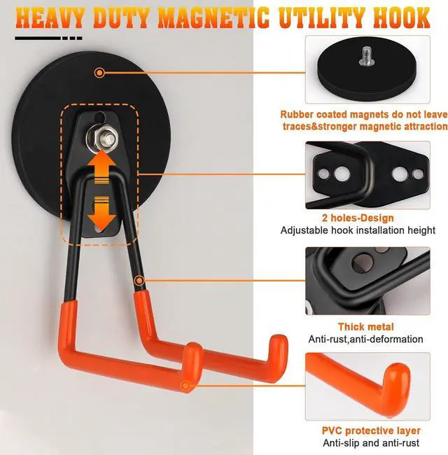 Alt view image 4 of 7 - Heavy Duty Magnetic Garage Hook,Large Magnetic Hooks ,2 Pack Magnet Hooks with Anti-Slip Coating,Strong Storage Utility Magnetic Hook for Metal Cabinet,Pegboard,Garage Shelve,Garden Tools(Orange,L)