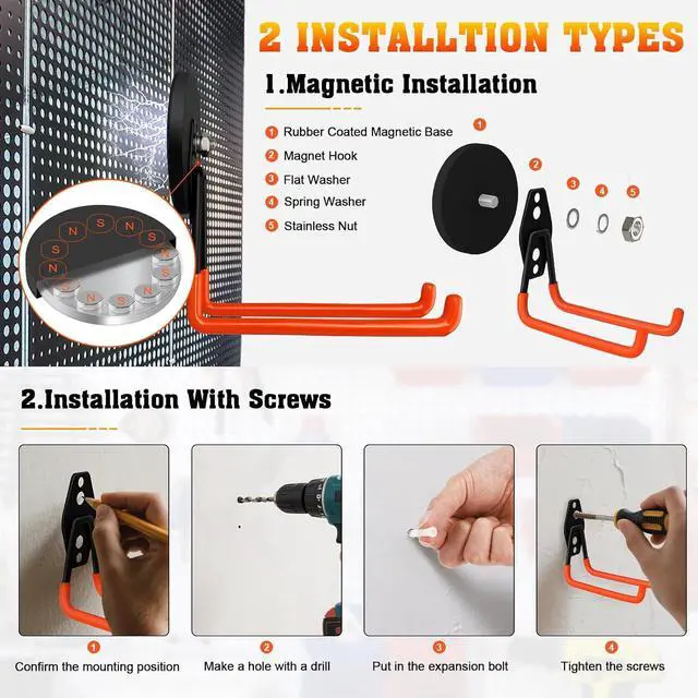 Alt view image 5 of 7 - Heavy Duty Magnetic Garage Hook,Large Magnetic Hooks ,2 Pack Magnet Hooks with Anti-Slip Coating,Strong Storage Utility Magnetic Hook for Metal Cabinet,Pegboard,Garage Shelve,Garden Tools(Orange,L)