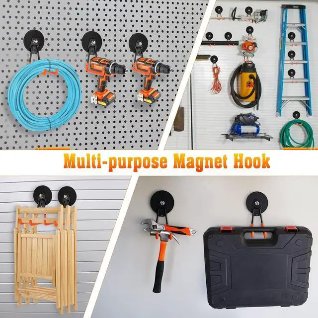 Alt view image 6 of 7 - Heavy Duty Magnetic Garage Hook,Large Magnetic Hooks ,2 Pack Magnet Hooks with Anti-Slip Coating,Strong Storage Utility Magnetic Hook for Metal Cabinet,Pegboard,Garage Shelve,Garden Tools(Orange,L)
