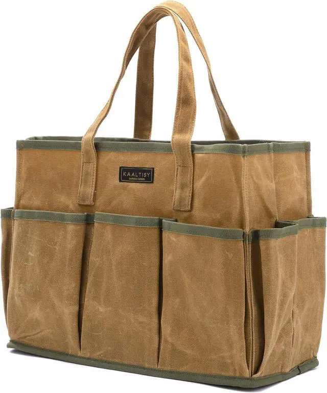 Main image of 16OZ Waxed Canvas Tool Tote Bag | Large-Capacity Tool Storage Tote with 10 External Pockets | Multi-Purpose Garden Tool Carrier for Gardening, Wrench, and Carpentry Tools Khaki