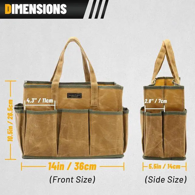 Alt view image 2 of 7 - 16OZ Waxed Canvas Tool Tote Bag | Large-Capacity Tool Storage Tote with 10 External Pockets | Multi-Purpose Garden Tool Carrier for Gardening, Wrench, and Carpentry Tools Khaki