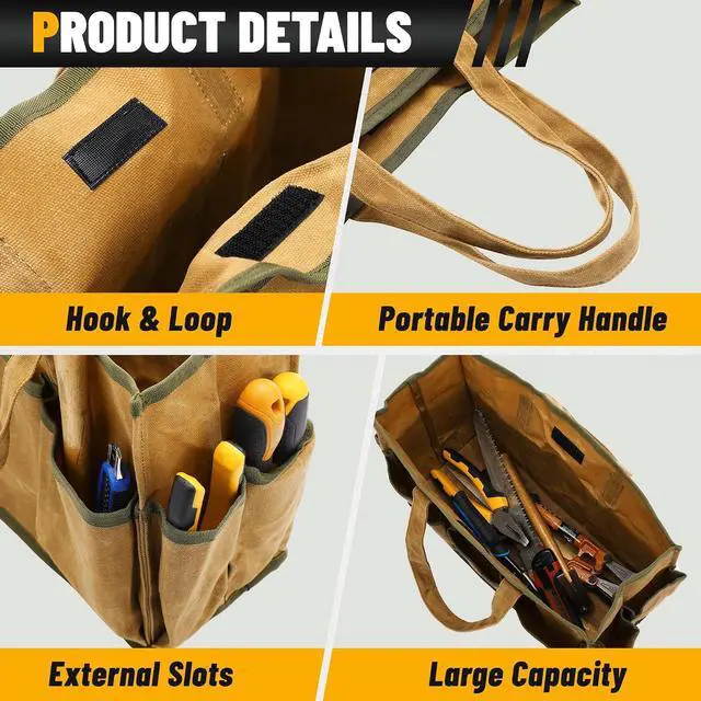 Alt view image 3 of 7 - 16OZ Waxed Canvas Tool Tote Bag | Large-Capacity Tool Storage Tote with 10 External Pockets | Multi-Purpose Garden Tool Carrier for Gardening, Wrench, and Carpentry Tools Khaki