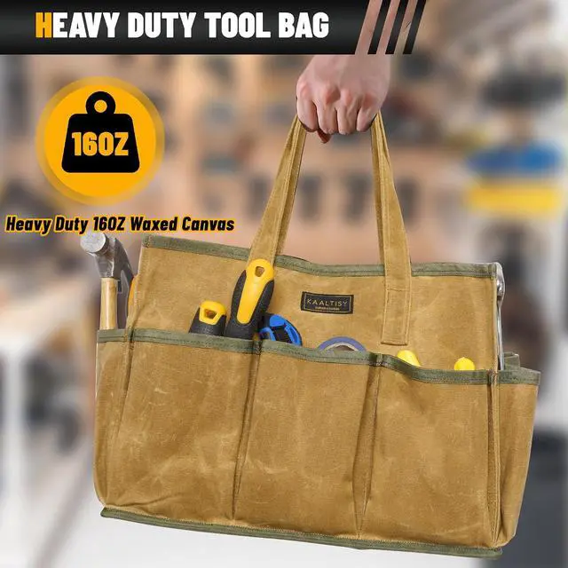 Alt view image 4 of 7 - 16OZ Waxed Canvas Tool Tote Bag | Large-Capacity Tool Storage Tote with 10 External Pockets | Multi-Purpose Garden Tool Carrier for Gardening, Wrench, and Carpentry Tools Khaki