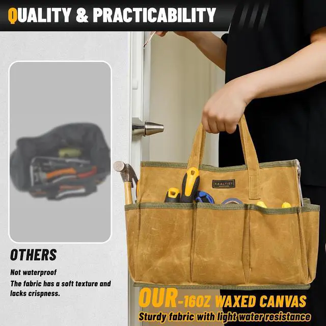 Alt view image 5 of 7 - 16OZ Waxed Canvas Tool Tote Bag | Large-Capacity Tool Storage Tote with 10 External Pockets | Multi-Purpose Garden Tool Carrier for Gardening, Wrench, and Carpentry Tools Khaki