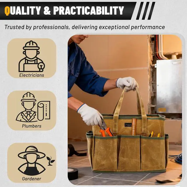 Alt view image 6 of 7 - 16OZ Waxed Canvas Tool Tote Bag | Large-Capacity Tool Storage Tote with 10 External Pockets | Multi-Purpose Garden Tool Carrier for Gardening, Wrench, and Carpentry Tools Khaki