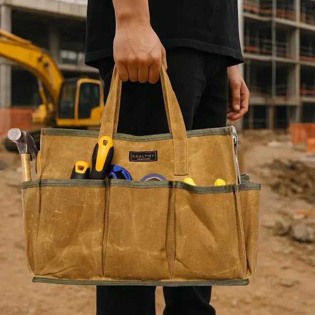 Alt view image 7 of 7 - 16OZ Waxed Canvas Tool Tote Bag | Large-Capacity Tool Storage Tote with 10 External Pockets | Multi-Purpose Garden Tool Carrier for Gardening, Wrench, and Carpentry Tools Khaki
