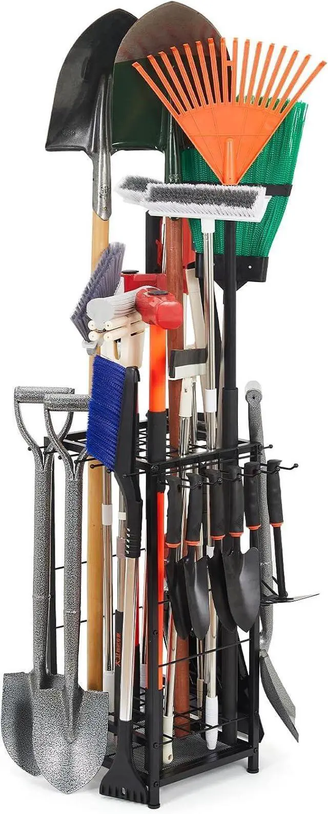 Main image of Garden Tool Organizer Holds 50 Long-Handled Tools/Rakes/Brooms/Shovles for Garage Organization and Storage, Shed, Outdoor, Lawn, Heavy-Duty Steel, Black, Easy Assembly (Corner Tool Organizer)
