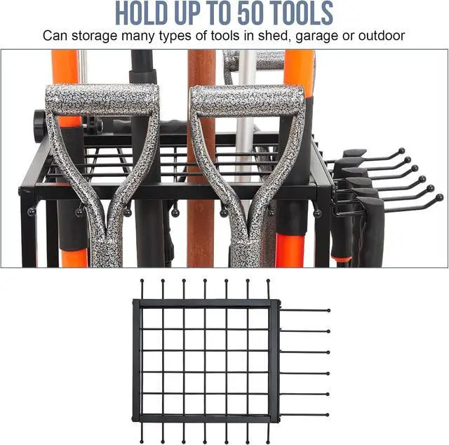 Alt view image 2 of 7 - Garden Tool Organizer Holds 50 Long-Handled Tools/Rakes/Brooms/Shovles for Garage Organization and Storage, Shed, Outdoor, Lawn, Heavy-Duty Steel, Black, Easy Assembly (Corner Tool Organizer)