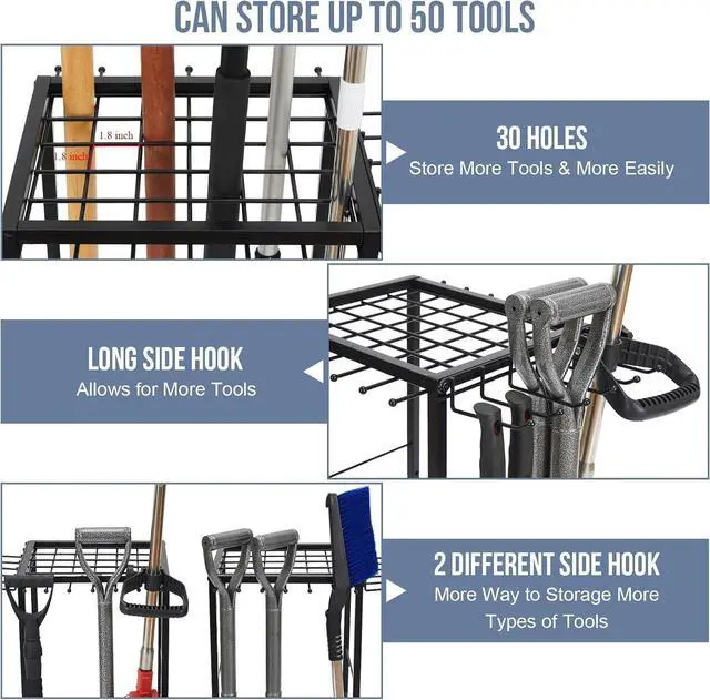 Alt view image 4 of 7 - Garden Tool Organizer Holds 50 Long-Handled Tools/Rakes/Brooms/Shovles for Garage Organization and Storage, Shed, Outdoor, Lawn, Heavy-Duty Steel, Black, Easy Assembly (Corner Tool Organizer)