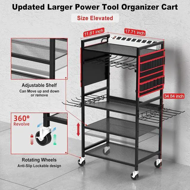 Alt view image 5 of 7 - JUNNUJ Garage Large Power Tool Organizer Cart with 20A Charing Station, Heavy Duty Drill and Tools Battery Holder Storage Rack, Floor Standing Rolling Tool Cart on Wheels, Red