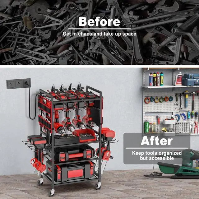 Alt view image 7 of 7 - JUNNUJ Garage Large Power Tool Organizer Cart with 20A Charing Station, Heavy Duty Drill and Tools Battery Holder Storage Rack, Floor Standing Rolling Tool Cart on Wheels, Red