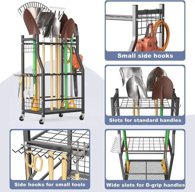 Alt view image 3 of 7 - WALMANN Garden Tool Organizer with Wheels, Rakes/Shovels/Yard Tools Stand