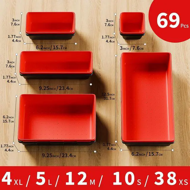 Alt view image 2 of 7 - 69 PCS & 5 Sizes Tool Box Organizer Trays, Black and Red