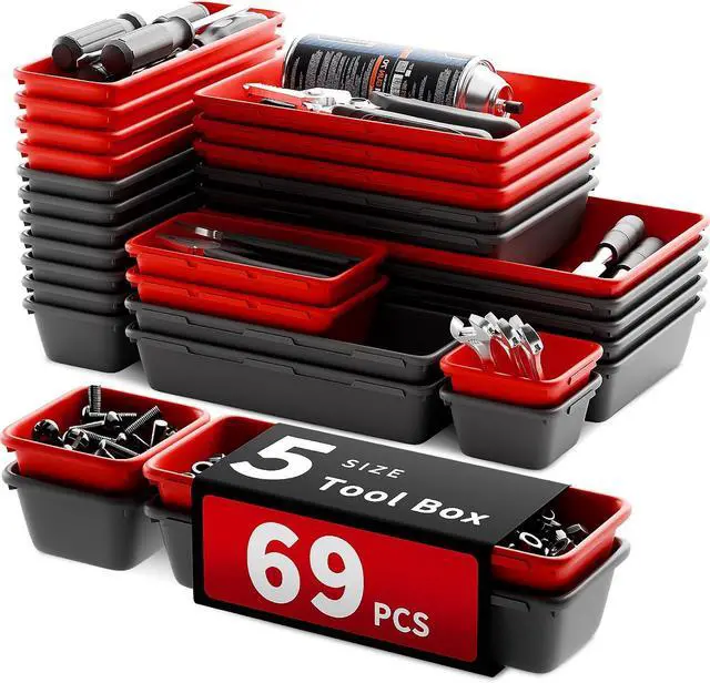 Main image of 69 PCS & 5 Sizes Tool Box Organizer Trays, Black and Red