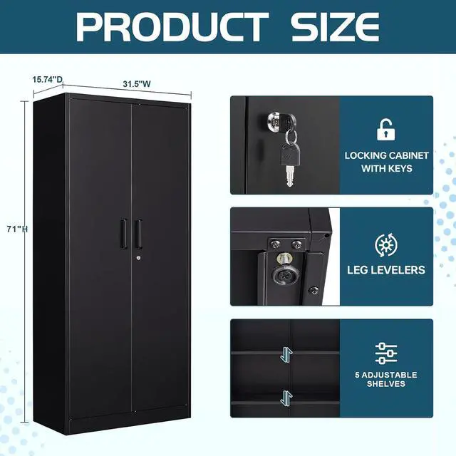 Alt view image 3 of 7 - MIIIKO Metal Garage Storage Cabinet with 2 Doors and 5 Shelves,71" Metal Cabinets,Lockable Storage Cabinet for Home Office,Garage.
