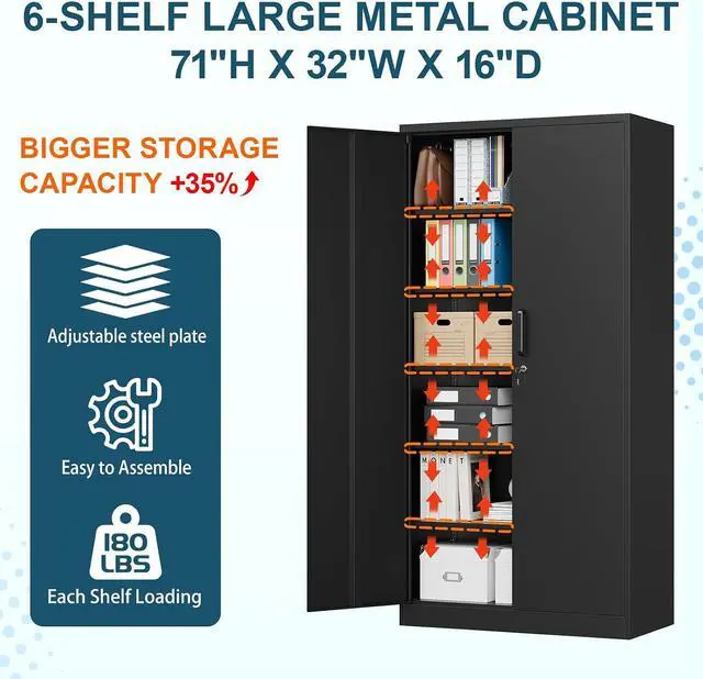Alt view image 4 of 7 - MIIIKO Metal Garage Storage Cabinet with 2 Doors and 5 Shelves,71" Metal Cabinets,Lockable Storage Cabinet for Home Office,Garage.