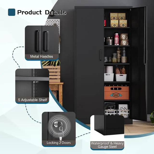 Alt view image 5 of 7 - MIIIKO Metal Garage Storage Cabinet with 2 Doors and 5 Shelves,71" Metal Cabinets,Lockable Storage Cabinet for Home Office,Garage.