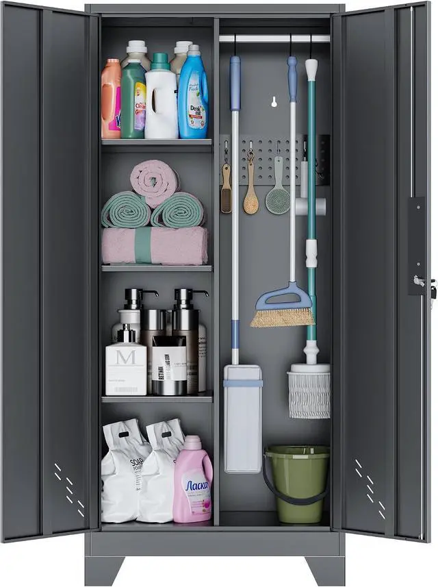 Main image of OSEILLC Metal Storage Cabinet with Locking Doors, 61" Tall Garage with Hanging Rod, Broom Closet, Freestanding Bathroom Storage Cabinet, Cleaning Tool,Utility Cabinets for Storage Locker,Black