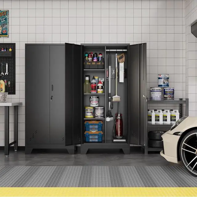 Alt view image 2 of 6 - OSEILLC Metal Storage Cabinet with Locking Doors, 61" Tall Garage with Hanging Rod, Broom Closet, Freestanding Bathroom Storage Cabinet, Cleaning Tool,Utility Cabinets for Storage Locker,Black