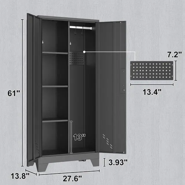 Alt view image 3 of 6 - OSEILLC Metal Storage Cabinet with Locking Doors, 61" Tall Garage with Hanging Rod, Broom Closet, Freestanding Bathroom Storage Cabinet, Cleaning Tool,Utility Cabinets for Storage Locker,Black