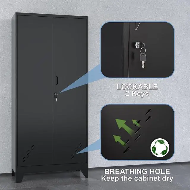 Alt view image 4 of 6 - OSEILLC Metal Storage Cabinet with Locking Doors, 61" Tall Garage with Hanging Rod, Broom Closet, Freestanding Bathroom Storage Cabinet, Cleaning Tool,Utility Cabinets for Storage Locker,Black