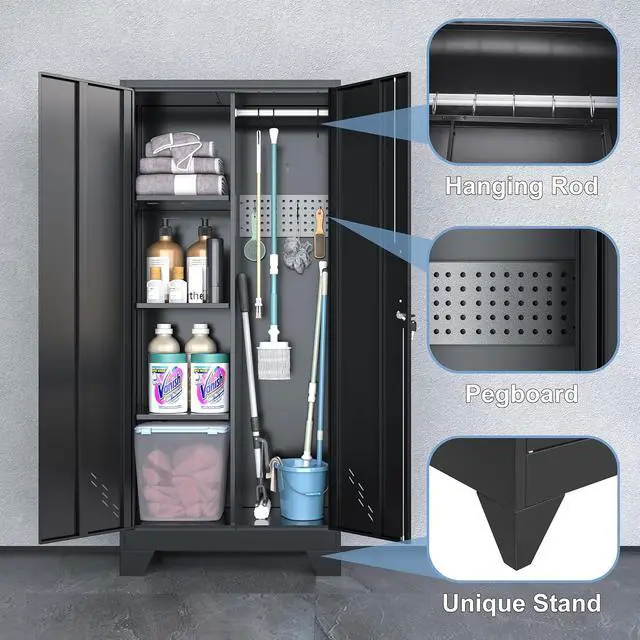 Alt view image 5 of 6 - OSEILLC Metal Storage Cabinet with Locking Doors, 61" Tall Garage with Hanging Rod, Broom Closet, Freestanding Bathroom Storage Cabinet, Cleaning Tool,Utility Cabinets for Storage Locker,Black