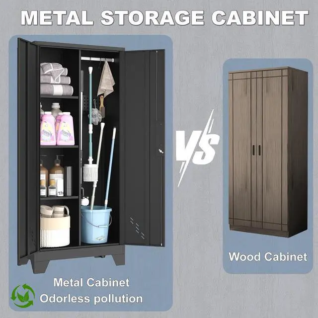 Alt view image 6 of 6 - OSEILLC Metal Storage Cabinet with Locking Doors, 61" Tall Garage with Hanging Rod, Broom Closet, Freestanding Bathroom Storage Cabinet, Cleaning Tool,Utility Cabinets for Storage Locker,Black