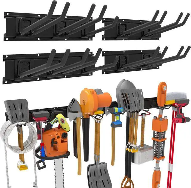 Main image of Wall-Mounted Garage Tool Organizer: 64 Inch Heavy-Duty Garden Rack & Wall Storage System - 4 Rails 10 Non-Slip Hooks for Folding Chairs, Ladders & DIY Tools