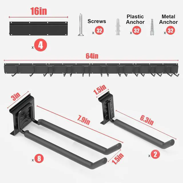 Alt view image 2 of 6 - Wall-Mounted Garage Tool Organizer: 64 Inch Heavy-Duty Garden Rack & Wall Storage System - 4 Rails 10 Non-Slip Hooks for Folding Chairs, Ladders & DIY Tools
