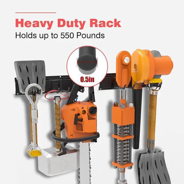 Alt view image 3 of 6 - Wall-Mounted Garage Tool Organizer: 64 Inch Heavy-Duty Garden Rack & Wall Storage System - 4 Rails 10 Non-Slip Hooks for Folding Chairs, Ladders & DIY Tools