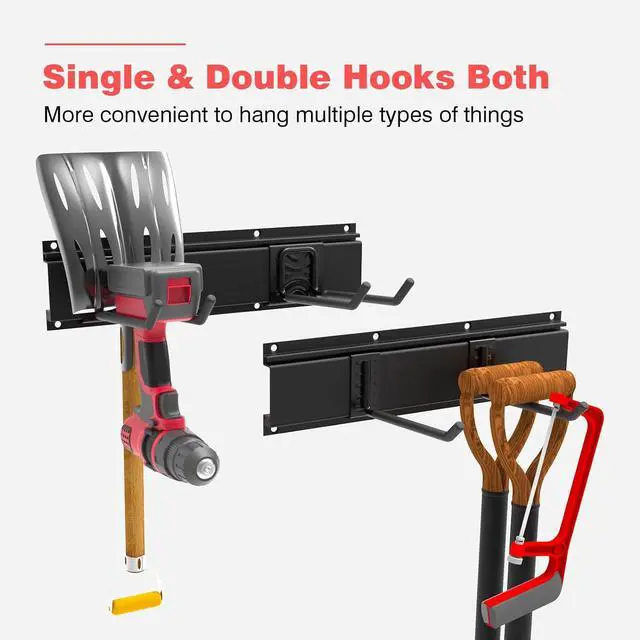 Alt view image 4 of 6 - Wall-Mounted Garage Tool Organizer: 64 Inch Heavy-Duty Garden Rack & Wall Storage System - 4 Rails 10 Non-Slip Hooks for Folding Chairs, Ladders & DIY Tools