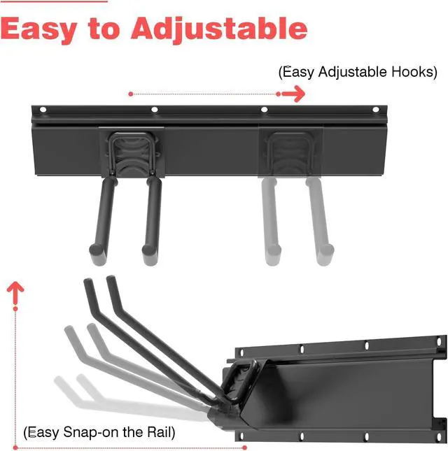 Alt view image 5 of 6 - Wall-Mounted Garage Tool Organizer: 64 Inch Heavy-Duty Garden Rack & Wall Storage System - 4 Rails 10 Non-Slip Hooks for Folding Chairs, Ladders & DIY Tools