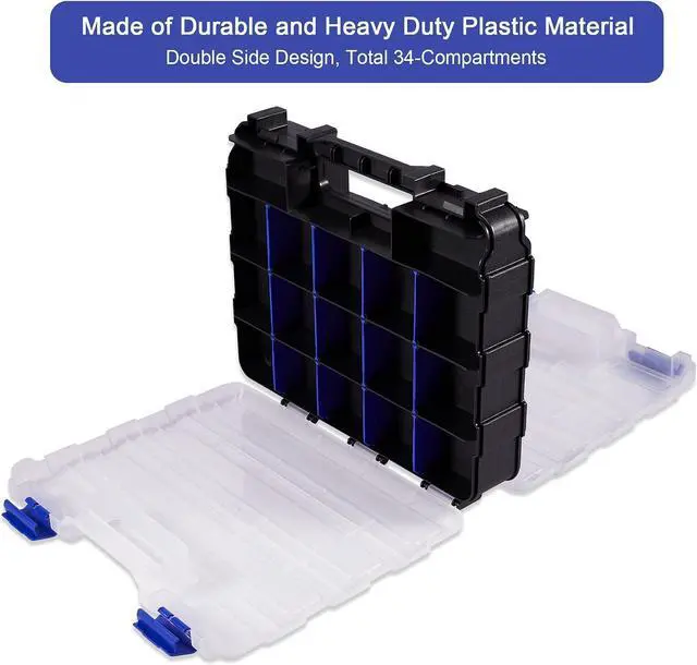 Alt view image 2 of 6 - Hardware Organizer Box with 34 Compartments & Removable Dividers - Durable Plastic Double Side Tools Box for Nuts, Bolts, Screws, Nails & Small Hardware (Blue)