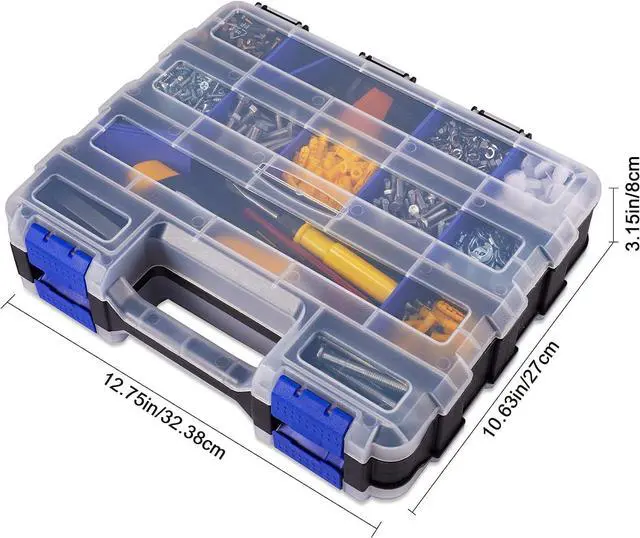 Alt view image 3 of 6 - Hardware Organizer Box with 34 Compartments & Removable Dividers - Durable Plastic Double Side Tools Box for Nuts, Bolts, Screws, Nails & Small Hardware (Blue)