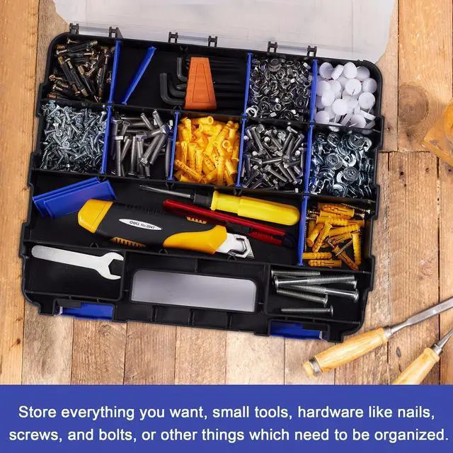 Alt view image 5 of 6 - Hardware Organizer Box with 34 Compartments & Removable Dividers - Durable Plastic Double Side Tools Box for Nuts, Bolts, Screws, Nails & Small Hardware (Blue)