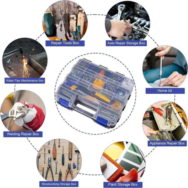 Alt view image 6 of 6 - Hardware Organizer Box with 34 Compartments & Removable Dividers - Durable Plastic Double Side Tools Box for Nuts, Bolts, Screws, Nails & Small Hardware (Blue)
