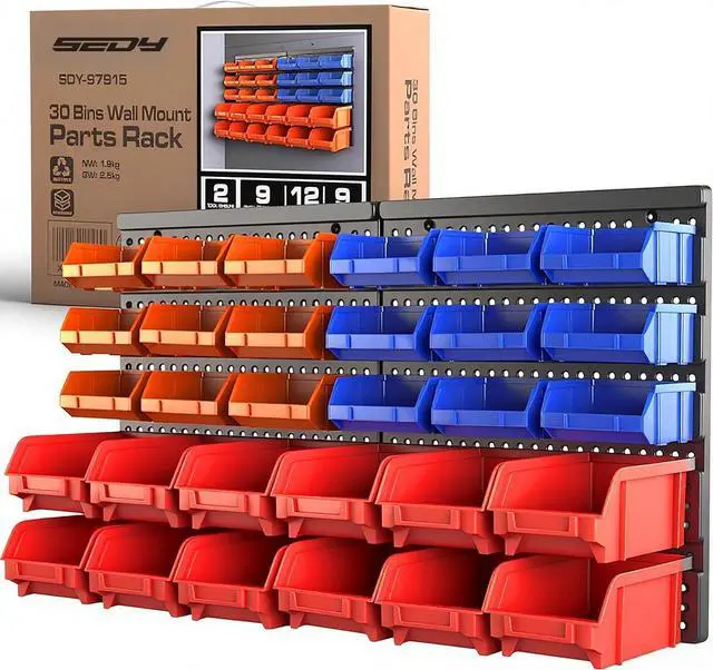 Main image of SEDY 30-Bin Wall-Mounted Storage Rack System - Heavy-Duty Garage Tool Organizer for Screws, Nuts, Bolts, Nails, Beads, and Small Hardware Parts - Easy Installation and Customizable