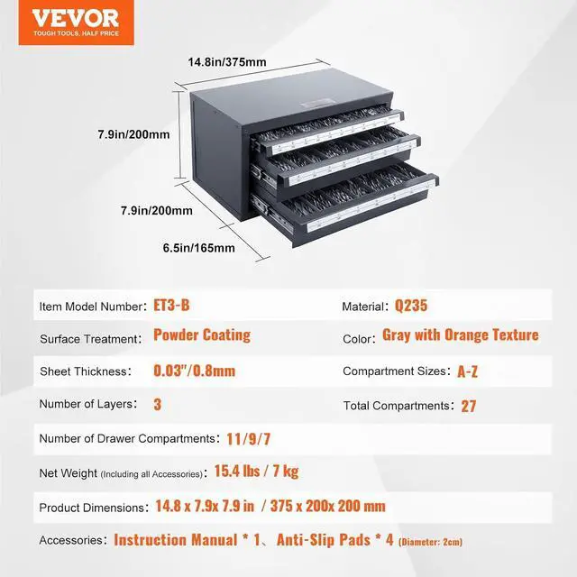 Alt view image 3 of 7 - VEVOR Drill Bit Dispenser Cabinet, Three-Drawer Drill Bit Dispenser, Drill Bit Organizer Cabinet Cold Rolled Steel, 27-Compartment Drill Dispenser Organizer Cabinet Holder for Letter Sizes A to Z