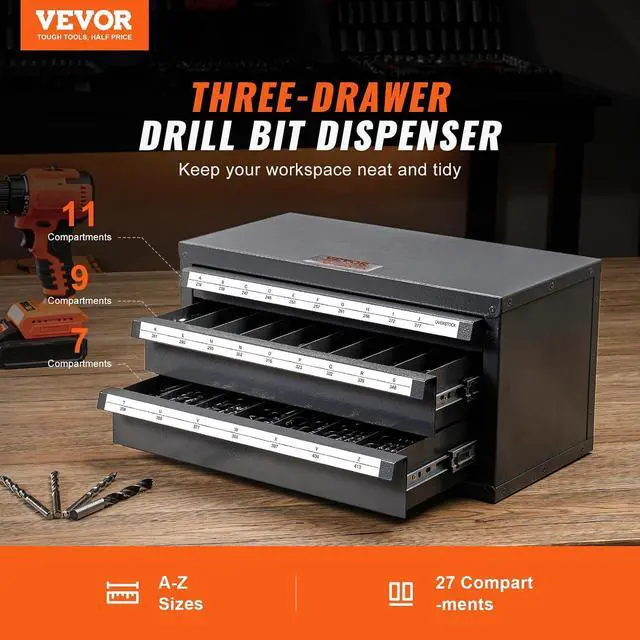 Alt view image 4 of 7 - VEVOR Drill Bit Dispenser Cabinet, Three-Drawer Drill Bit Dispenser, Drill Bit Organizer Cabinet Cold Rolled Steel, 27-Compartment Drill Dispenser Organizer Cabinet Holder for Letter Sizes A to Z
